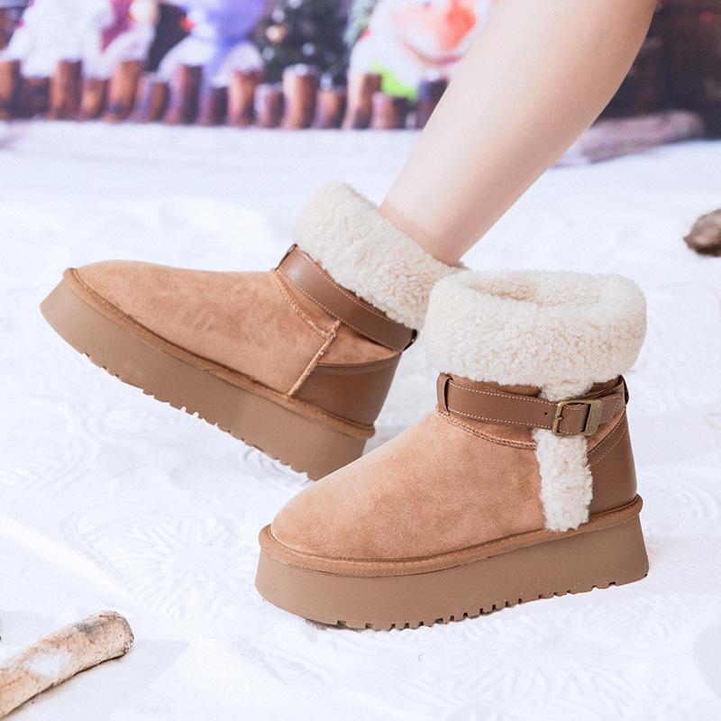 2025 зима новые короткие сапоги-дутики с откидным голенищем и пряжкой на ремне, на толстой подошве, сапоги-рыцари с Северо-Востока, теплые и модные, универсальные