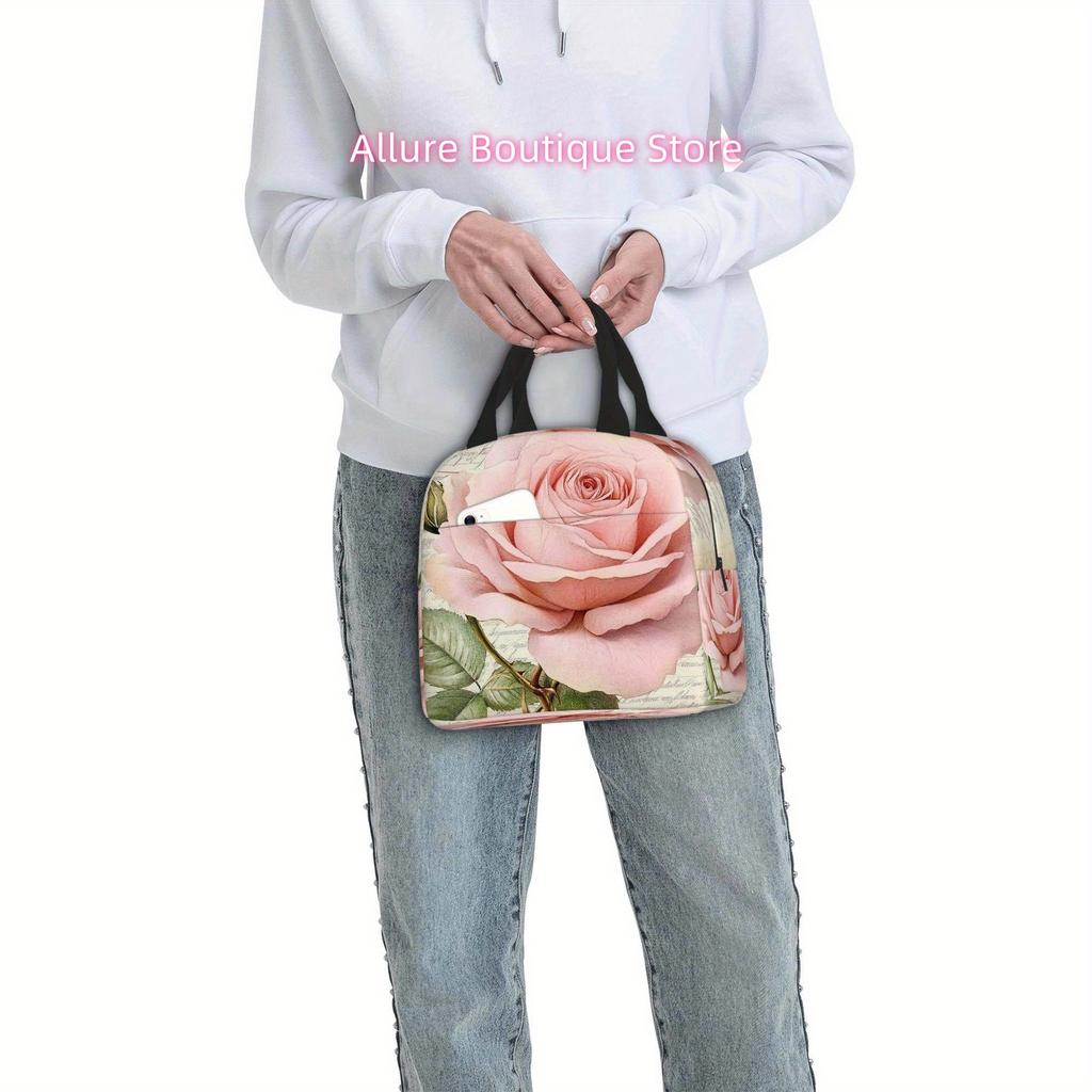 1pc Thermal Insulated Bag with Pink Roses & Buds - Vintage Floral Thermal Leakproof Backpack-like straps, Non-Food Contact Therm