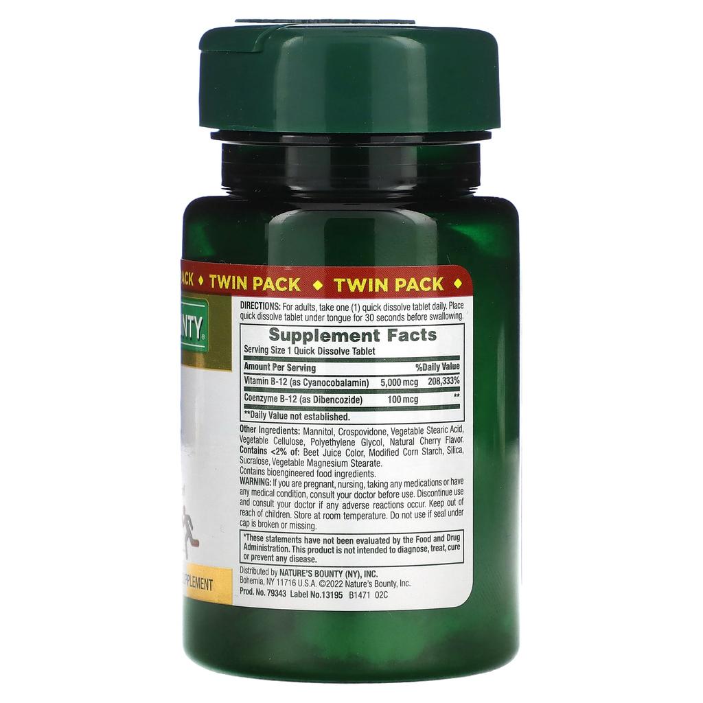 Nature'S Bounty, B-12, Natural Cherry Flavor, 5,000Mcg, Twin Pack, 40 Quick Dissolve Tablets Each