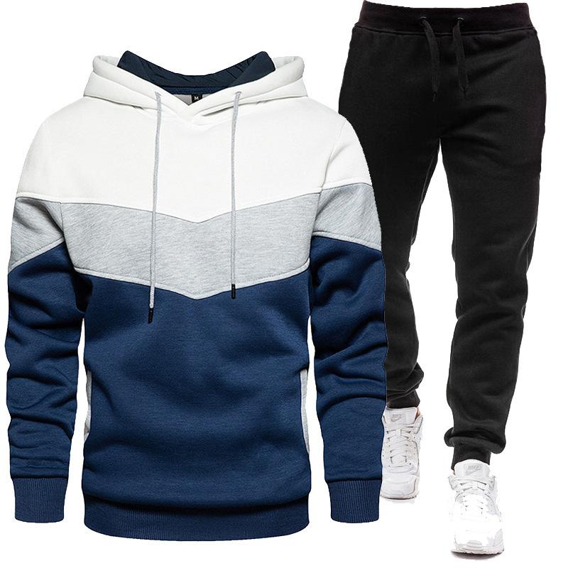 Sports Suit Men's Autumn Winter Plus Size Loose Hooded Sweatshirt Sweatpants Color Blocked 2-piece Set Light Plate