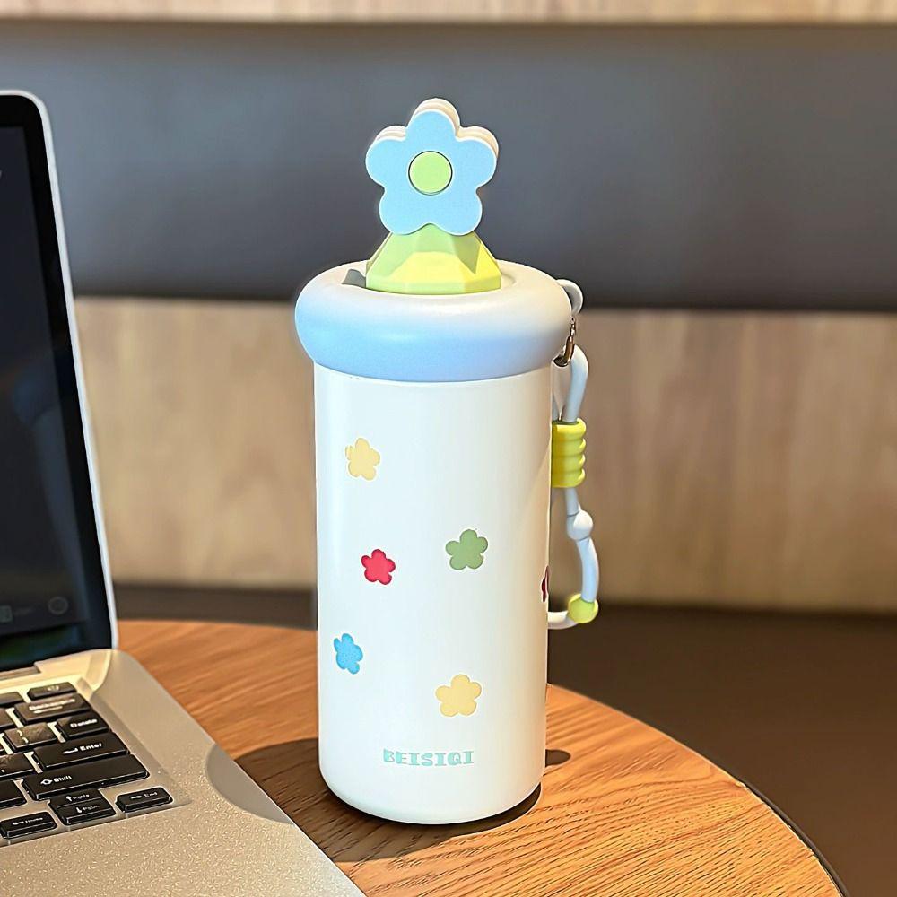 New Flower Insulated Cup Stainless Steel with Straw Thermal Water Bottle with Lanyard Vacuum Sippy Mug Gifts