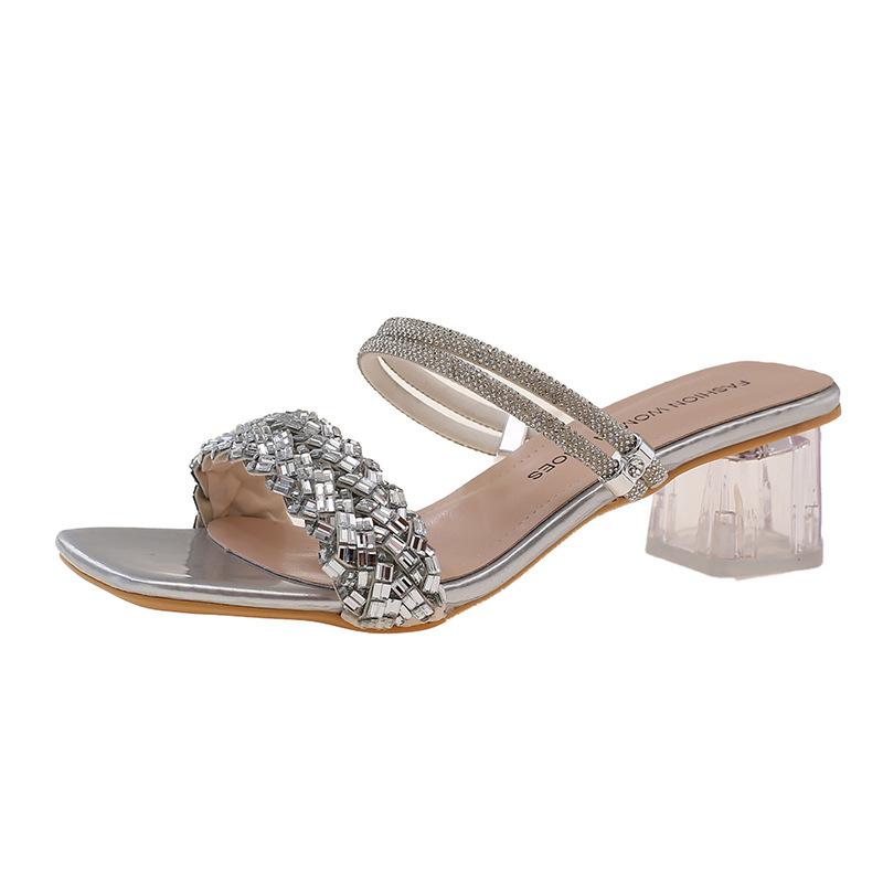 2025 весна и лето новая мода универсальный темперамент тренд стразы французские повседневные низкий каблук квадратный носок женские сандалии