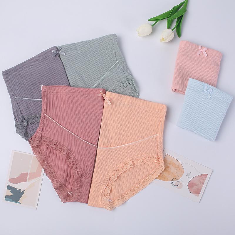 Дышащие трусики для беременных больших размеров с высокой талией, кружевной отделкой и регулируемой ребристой поддержкой живота