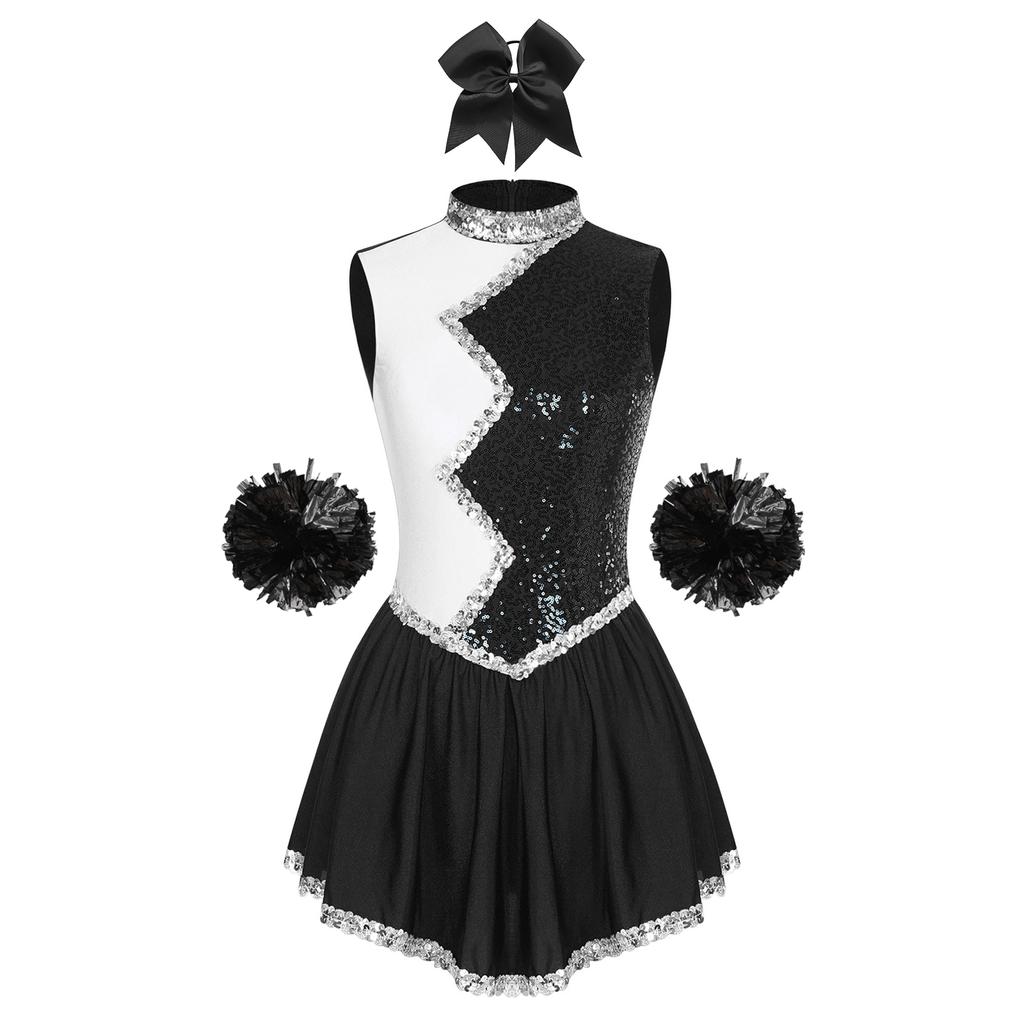 Womens Shiny Sequin Color Block Sleeveless Dress Bowknot Headwear Flower Balls Cheerleading Dance Costume