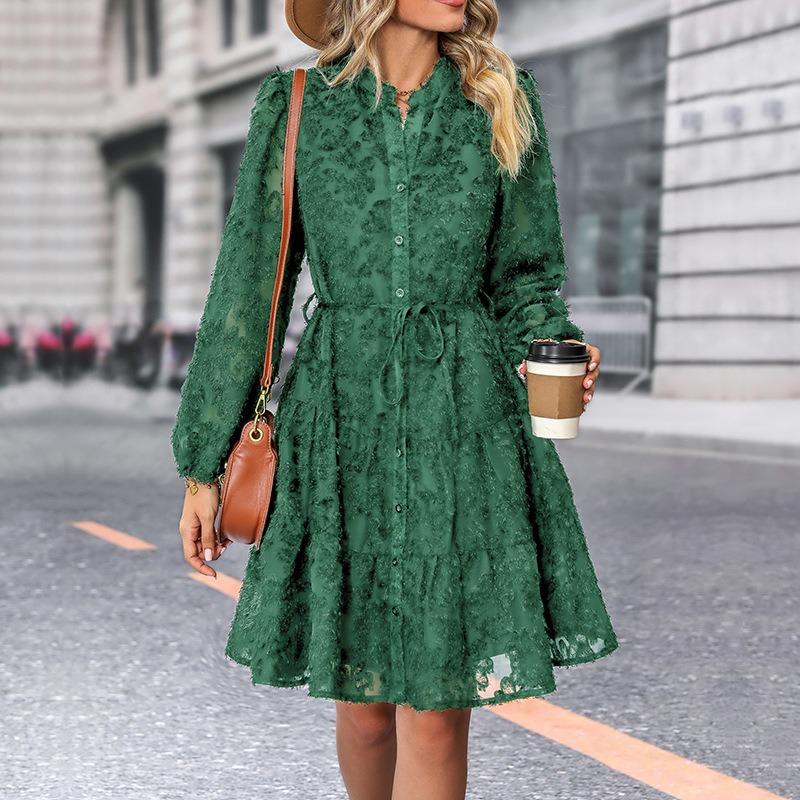 Spring and Summer Elegant Retro Lace Long Sleeve Dress Women Fashion A Line Casual Loose Dresses Women Slim Fit Solid Party Club Female Dress 26645