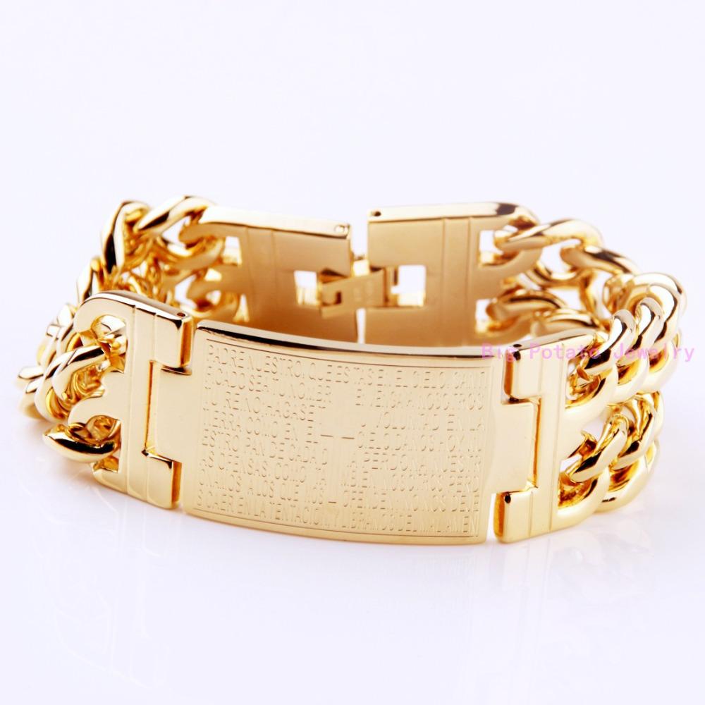 Amaze Design Желтое золото Кубинское звено цепи с лентой удостоверения личности Мужской браслет Ювелирные изделия из нержавеющей стали