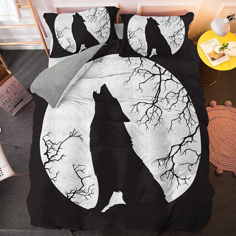 Wolf Duvet Cover Set Customized Fashion Wild Animals Moon Printed Bedding Set King Polyester Comforter Cover for Kids Boys Teen