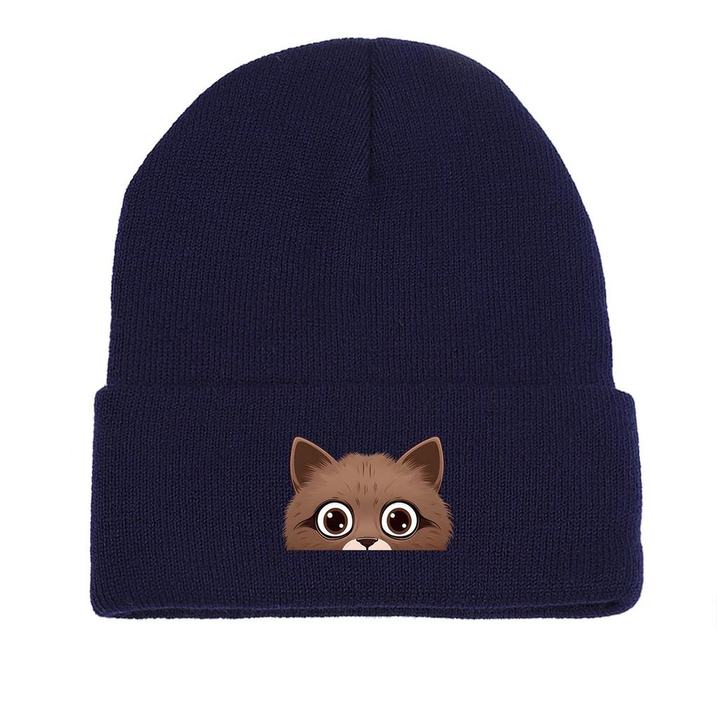 Peeping Cat Print Knitted Hat Beanie, Animal Woman Cap Lightweight Cancer Chemo Trendy Pompom Beanies Knit Cap Beanie