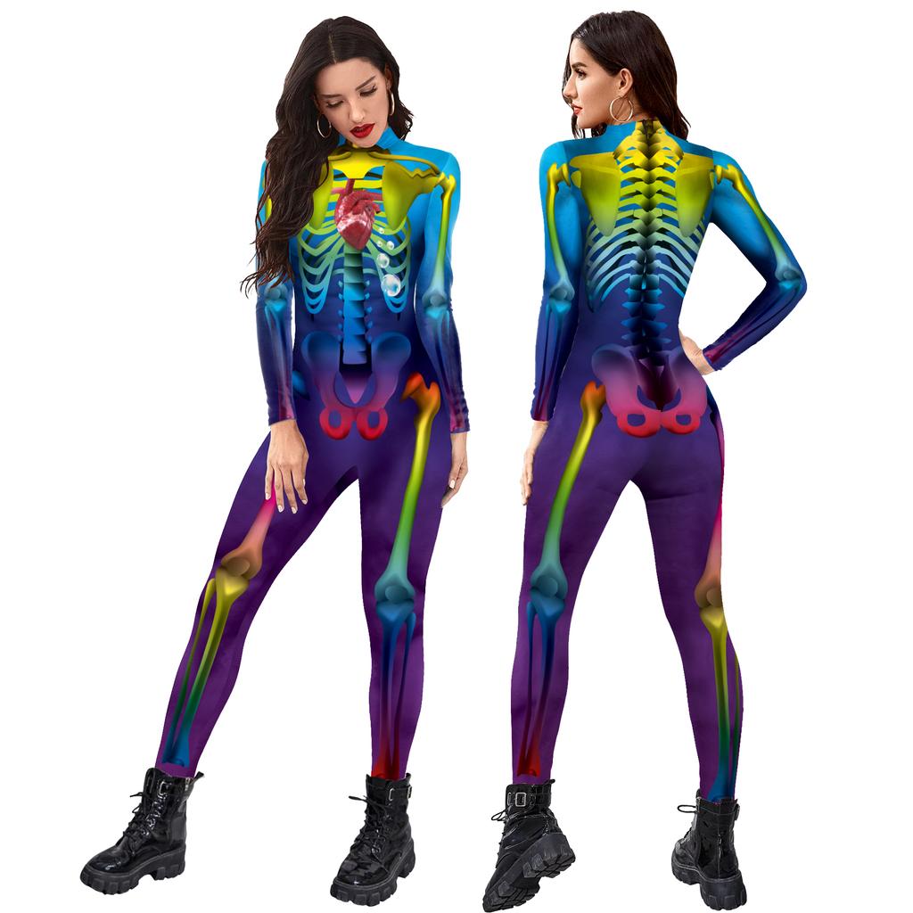 Scary Skeleton Printed Bodysuit Halloween Party Cosplay Costume for Adult Jumpsuit Zentai Catsuit Carnival Clothing