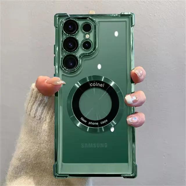 Роскошный магнитный чехол для беспроводной зарядки Samsung S25 S24 Ultra S23 FE S22 Plus, прозрачный противоударный защитный чехол для камеры