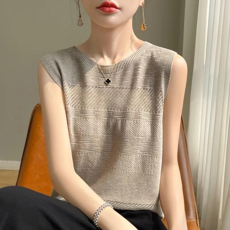 Женский весенне-летний ажурный тонкий мягкий свитер-пуловер без рукавов, трикотаж, базовые топы