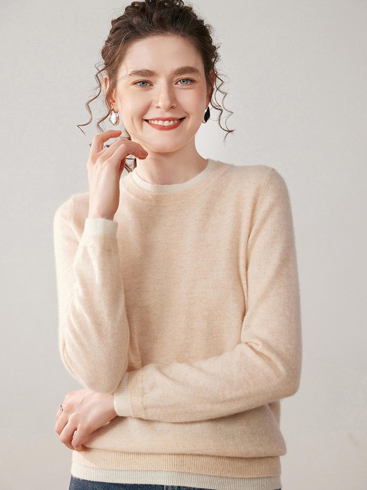 Women's Stylish Color-Block Cashmere Round-Neck Slimming Sweater - Versatile Two-Piece Look