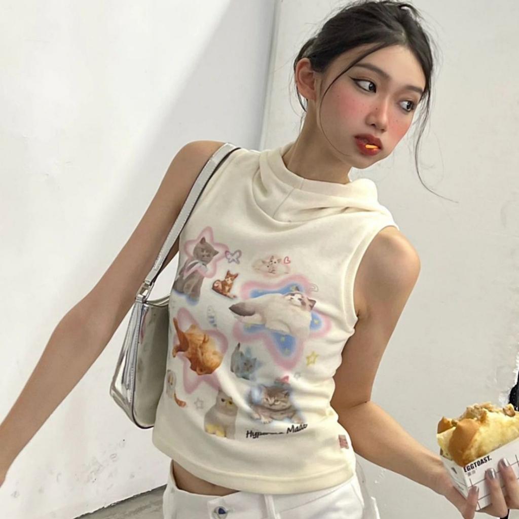2025 Summer Women Thin Cotton Hooded Sling Tops Female Casual Slim Tank Tops Streetwear Camisole Cute Cartoon Printing Crop Tops