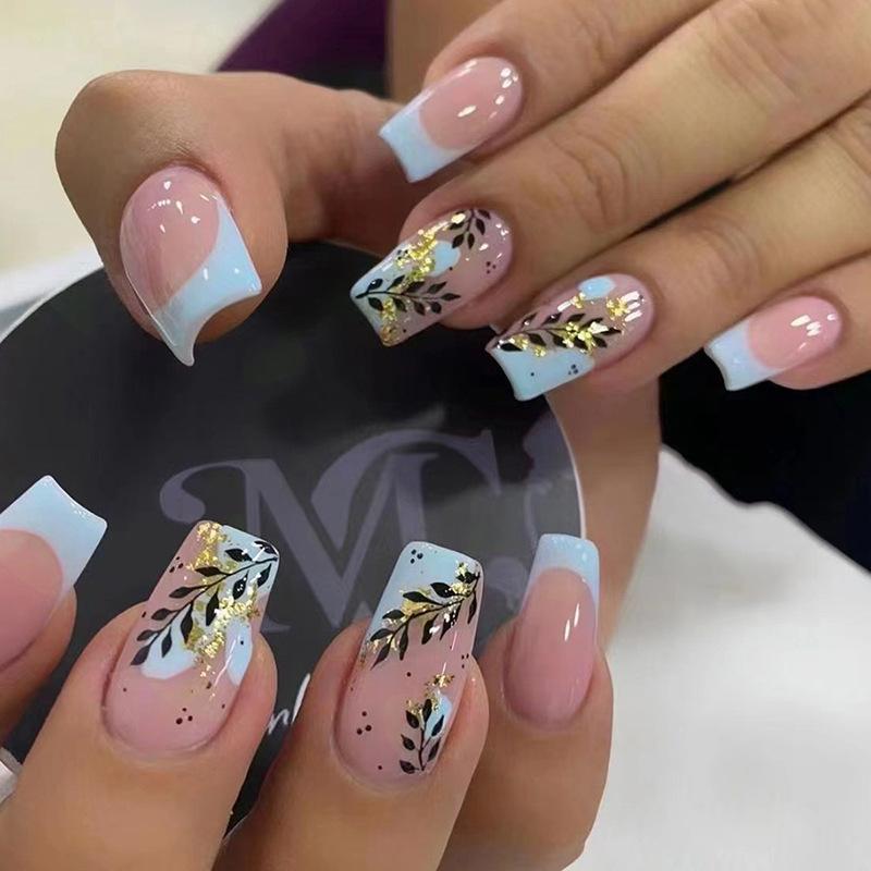 24Pcs Short Square Floral Press On Nails With Glue Shimmery Glitter French Fake Nail Tips Full Cover Manicure