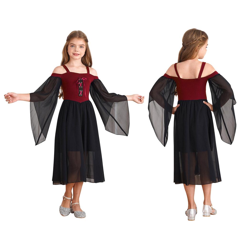 Kids Girls Medieval Princess Costume Renaissance Robe Gown Square Neck Halloween Cosplay Fancy Dress