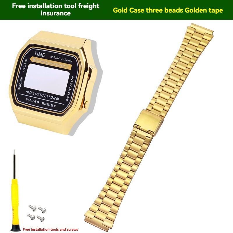 Для Casio CASIO серии A168W модифицированный металлический корпус и ремешок из нержавеющей стали, аксессуары, маленький золотой самородок, серебряный блок