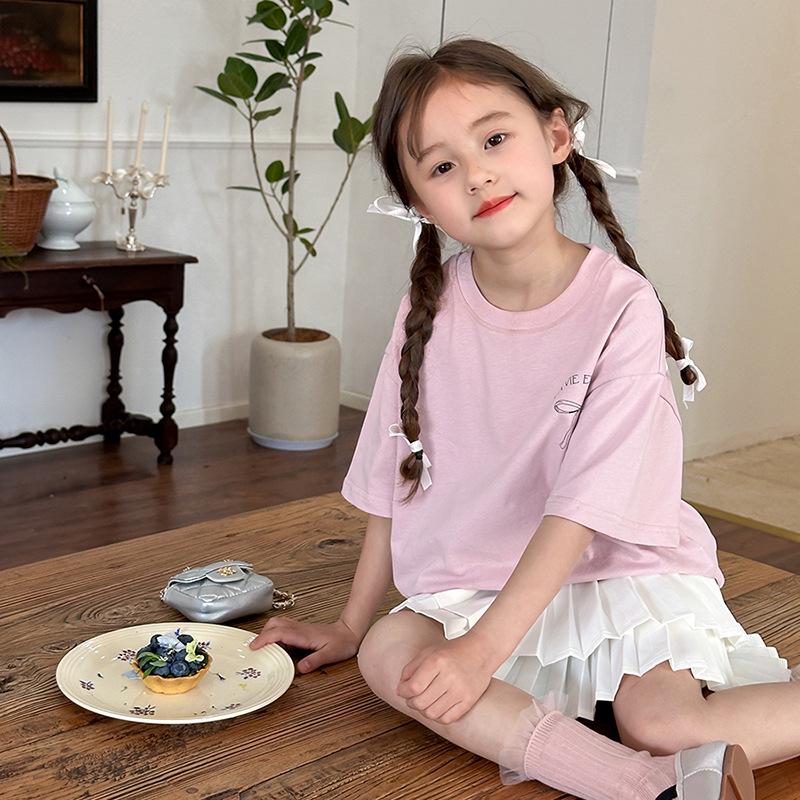 Свободное платье-футболка в корейском стиле для девочек с бантом сзади - летняя одежда с короткими рукавами, средний размер