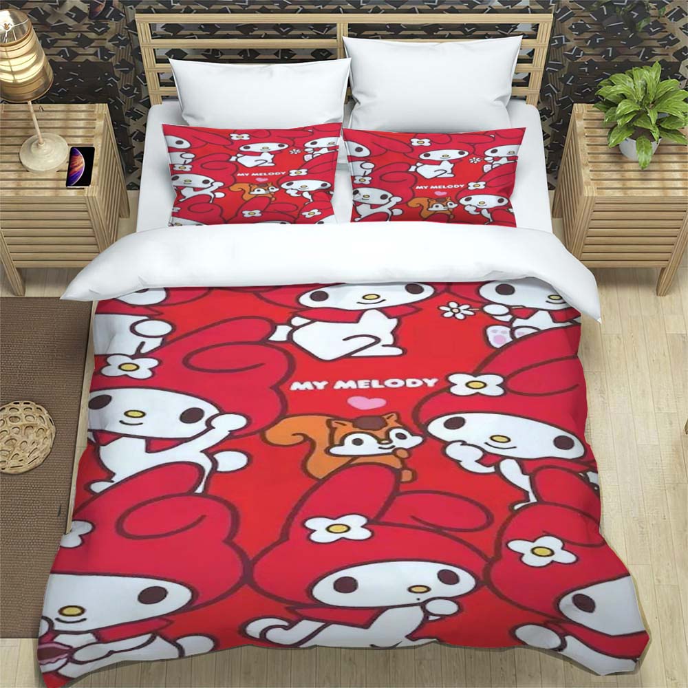 The My Melody cartoon-patterned three-piece bedding set, including a duvet cover and two pillowcases, is the perfect choice for