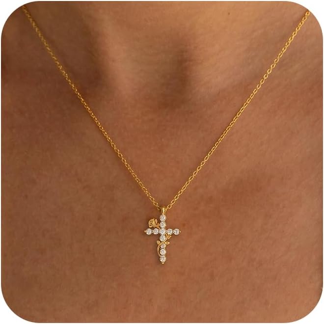 Sterling Silver Cross Necklace for Women - Dainty Small Choker Religious Faith Jewelry Baptism Gift