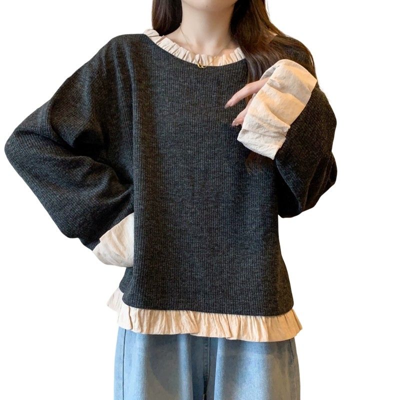 Футболки в стиле ленивой моды с оборками в стиле пэчворк весна-осень новые длинные рукава контрастные свободные повседневные топы винтажная трендовая женская одежда