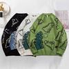 Men Fall Winter Sweater Cartoon Dinosaur Printing O Neck Loose Long Sleeves Knitted Hip Hop Style Mid Length Sweater for Daily Wear Work School Street