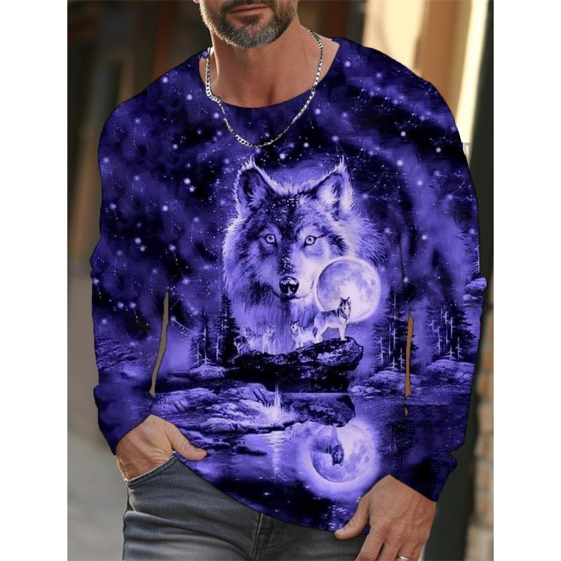 Футболка с длинным рукавом с рисунком волка для мужчин, повседневная футболка с принтом животных в стиле 3D, уличная одежда