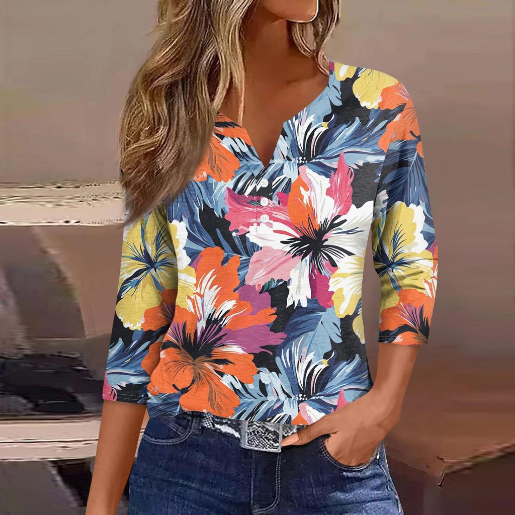 Женский свободный повседневный топ с цветочным принтом и V-образным вырезом с рукавами семь четвертей Топ с V-образным вырезом и рукавами семь четвертей