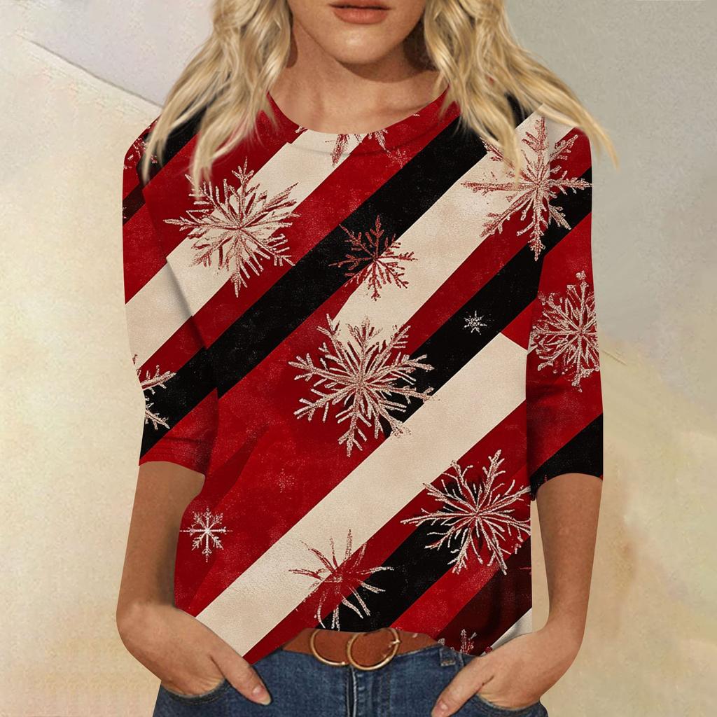 Women's Fashion Casual Seven Sleeve Christmas Printed Round Neck Top