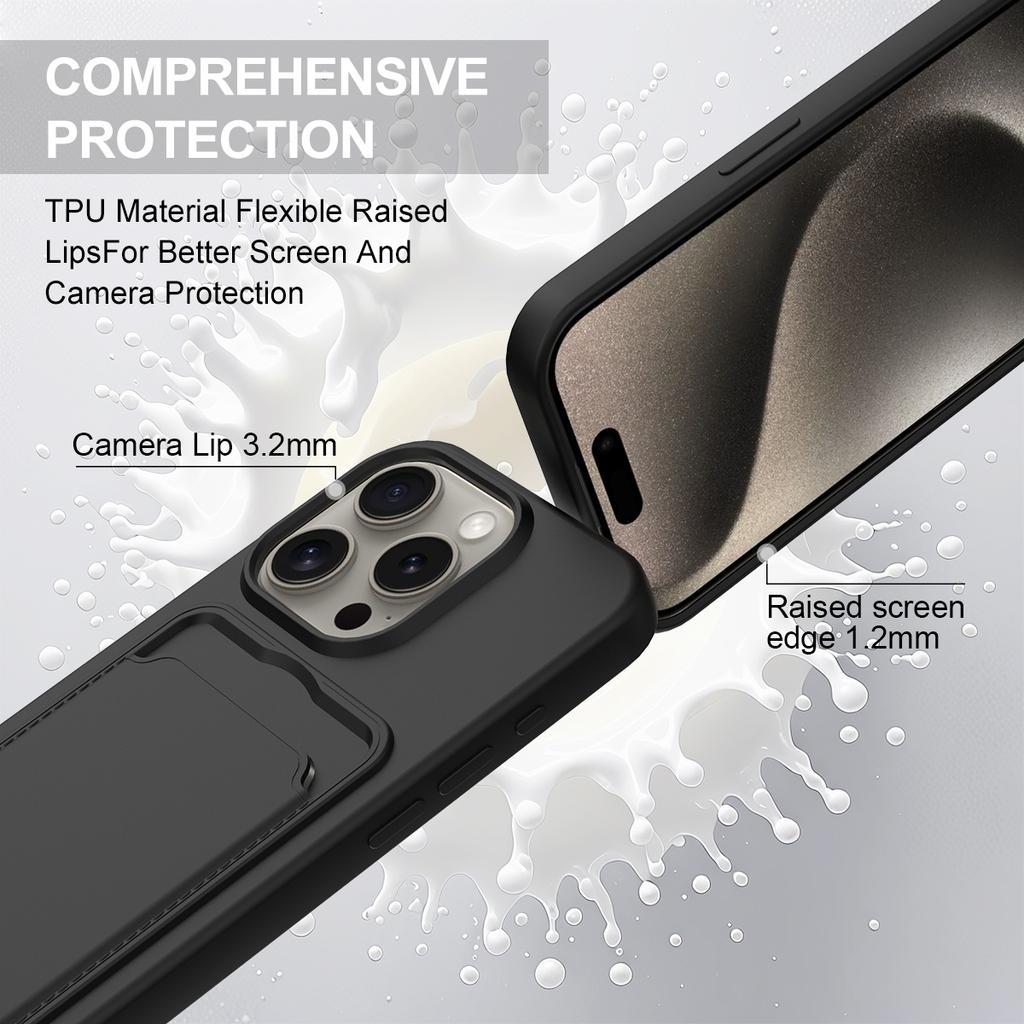 For iPhone 15 Pro Max Liquid Silicone Case Phone Back Cover with Card Holder and Short Strap