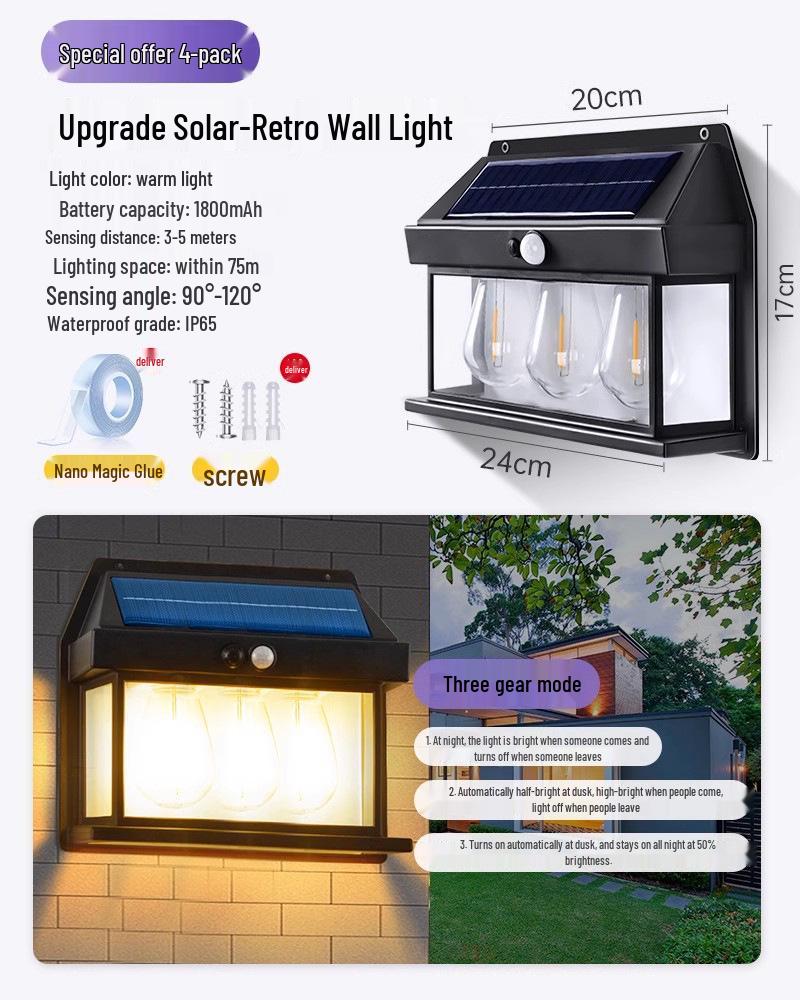 Солнечный уличный водонепроницаемый настенный светильник для двора, входа на виллу и садового патио