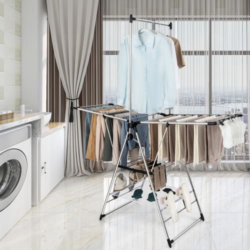 Giantex Folding Clothes Drying Rack, No Assembly Required, 157.5cm Wide, with Rod, Laundry Dryer, Indoor Clothes Drying Rack, Towel Hanger, Clothes Dr