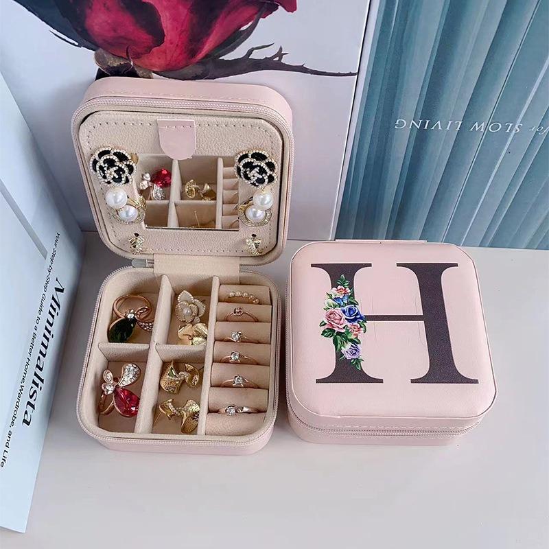 PU Jewelry Box Storage Mirror Box 26 Printed Letter Jewelry Box Portable Jewelry Storage Box Earring Ring Box