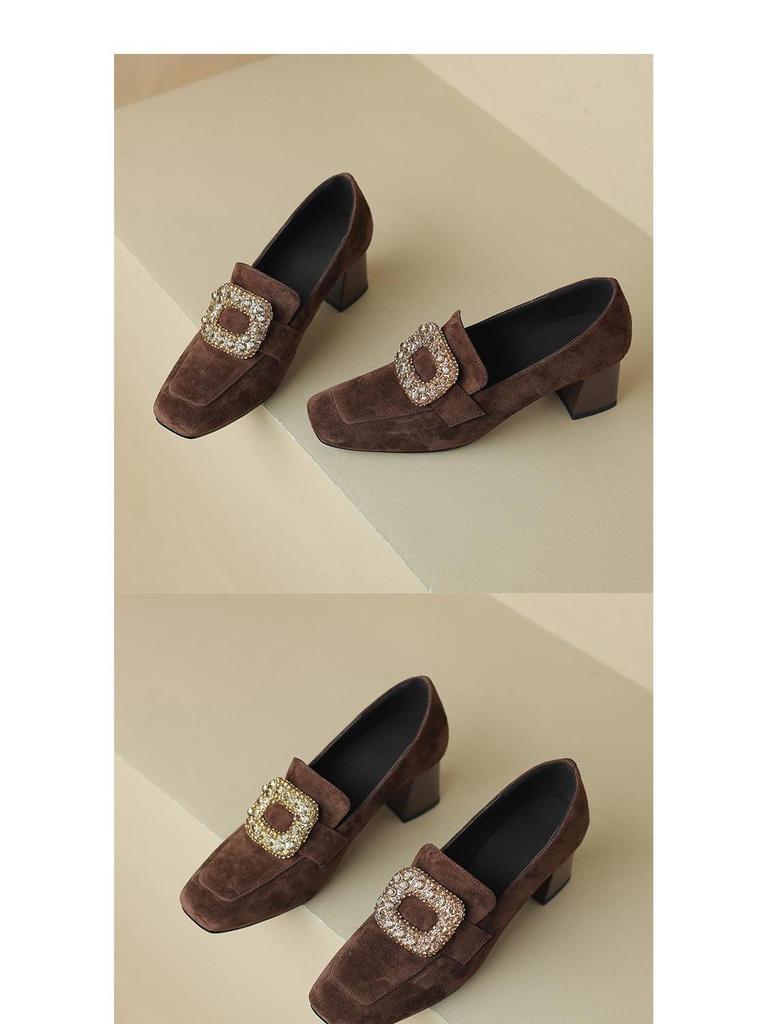 Women's Brown & Black Plush Lined Loafers: Velvet, Square Toe, Chunky Mid-Heel, Deep Mouth Design, Autumn/Winter.
