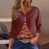 Женская футболка с рождественским принтом, на пуговицах, рукав 3/4, повседневная, выходного дня, модная, базовая, с V-образным вырезом, стандартный топ