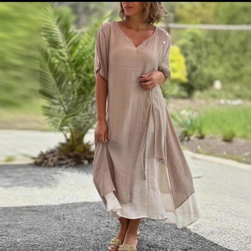 Европейское и американское женское асимметричное платье с V-образным вырезом и короткими рукавами - Летняя мода