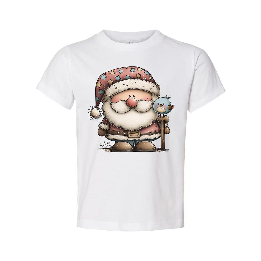 Santa Claus Cartoon Graphic T Shirt With Bird Companion And Starry Hat Design Ar