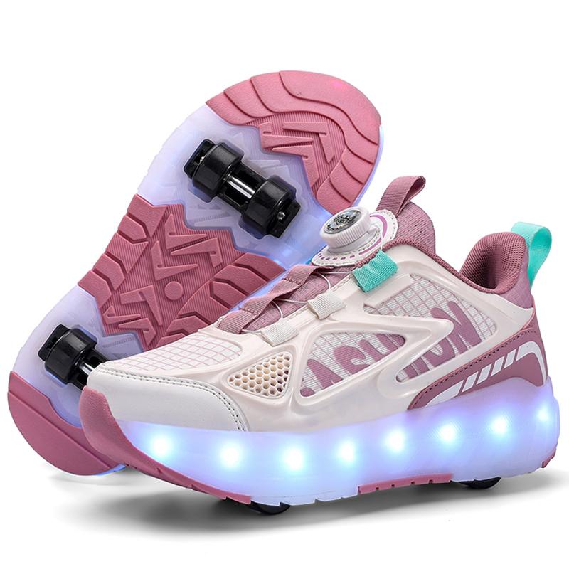 29-40 Мальчики Четырехколесные Кроссовки Съемные Туфли на Плоской Подошве Перезаряжаемые USB Светящиеся Спортивные Легкие Туфли Девочки Роликовые Коньки Обувь для Мальчиков