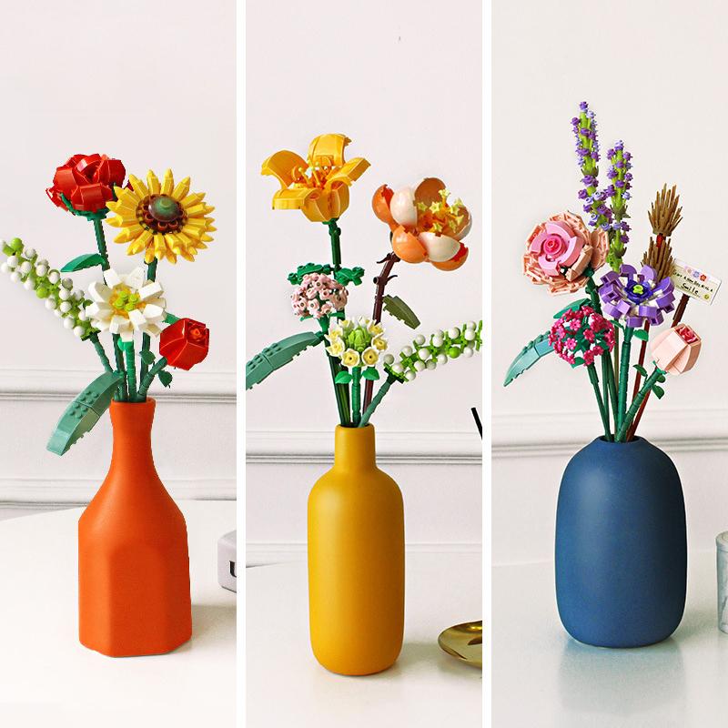 Строительный блок, модель букета, 3D забавные игрушки для детей, украшение дома, растение в горшке, цветок розы в сборе, кирпичная игрушка для девочек, подарок ребенку