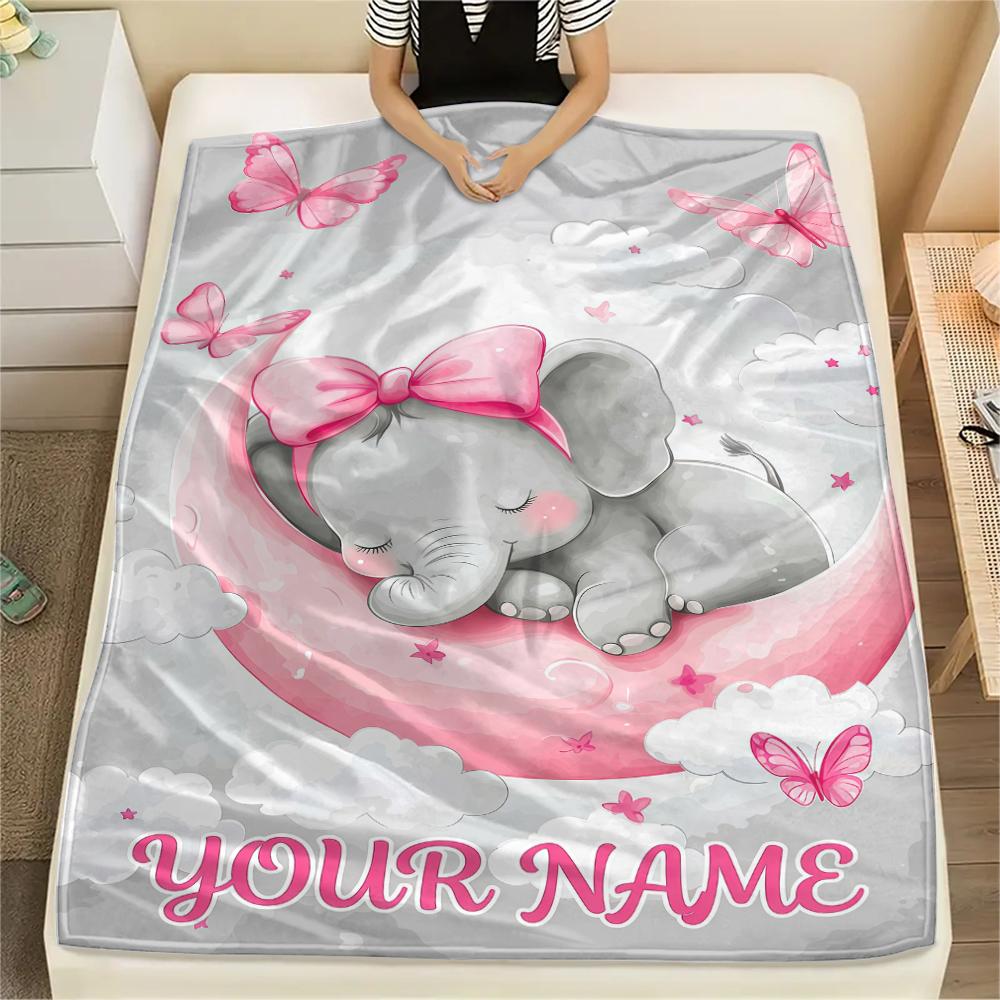 1PC Custom Name Pink Elephant Dreams Patterned Flannel Blanket Suitable For All Seasons for Home Decor Warmth and Comfort Gifts Holiday Present_lx