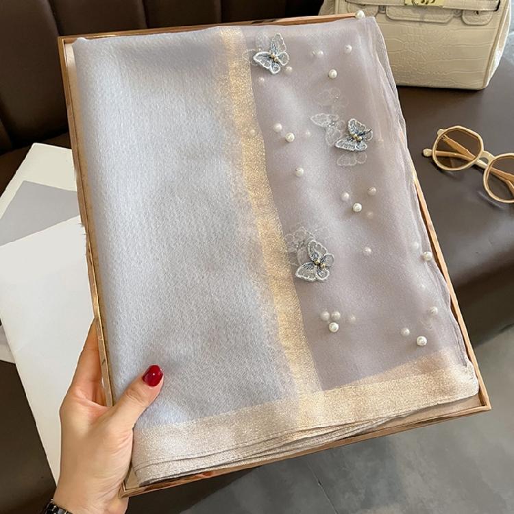 Stylish Butterfly Design Polyester Scarf Women Hijab Shawl Stole Wrap Beaded Accents Fashion Accessory