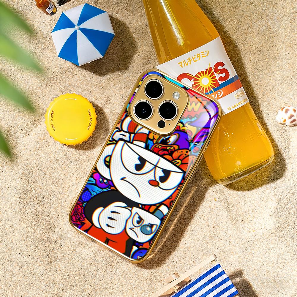 Милый чехол-кружка с классическим мультяшным рисунком Для iphone 17 16 15 14 13 12 11Pro Plus Max Роскошный позолоченный стеклянный чехол для телефона
