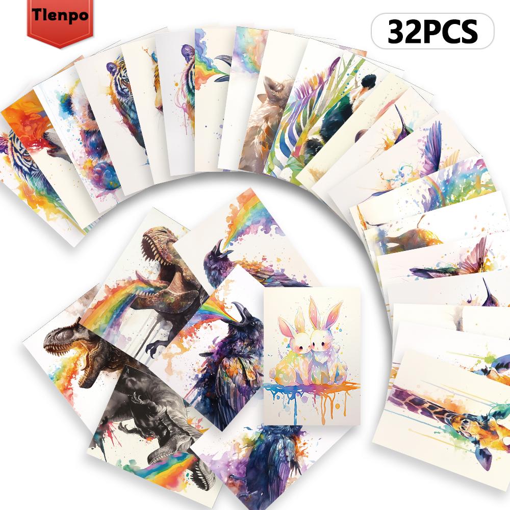 32pcs, watercolor animal rainbow postcards, greeting cards, DIY postcards, decorations, suitable for collection and gifting.