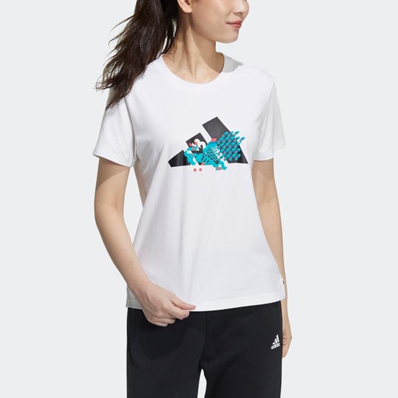 Adidas Cny Series Весенний фестиваль Тема Печатный Тренировочный Спортивный Круглый Вырез Винтаж Короткий Рукав Футболка Женские Топы Белый GP0705