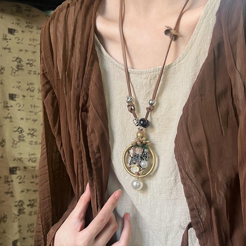Flower Long Sweater Chain Wood Bohemian Style Necklace Sweet Ethnic Style Necklace  Girls Gifts