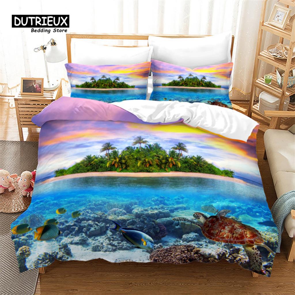 Fish Sea Turtle Duvet Cover Jellyfish Seashell Starfish Bedding Set Microfiber Marine Theme Quilt Cover Twin Full For Kids Adult