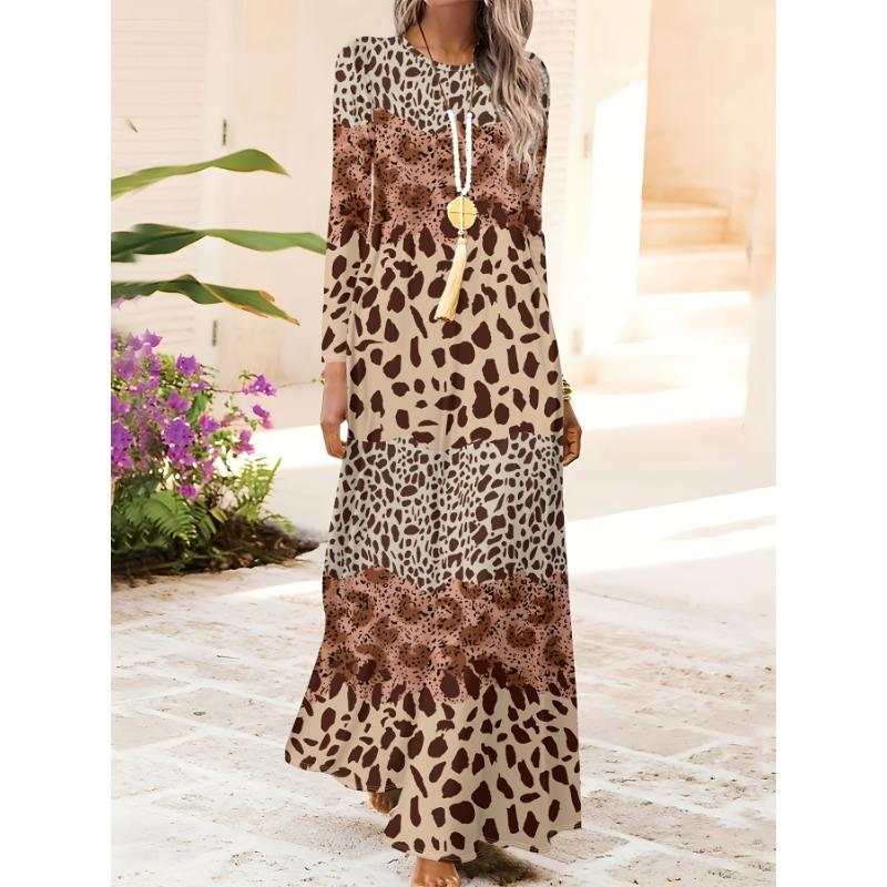 Bohemian Leopard Patchwork Print Pattern Retro Fashion Round Neck Long Sleeve Dress
