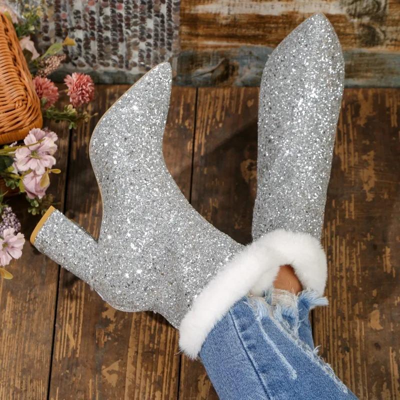 Женские серебристые ботильоны с пайетками, корейская мода, плюшевые, с острым носком, на высоком каблуке, короткие ботинки, зимняя, рождественская, повседневная обувь на платформе