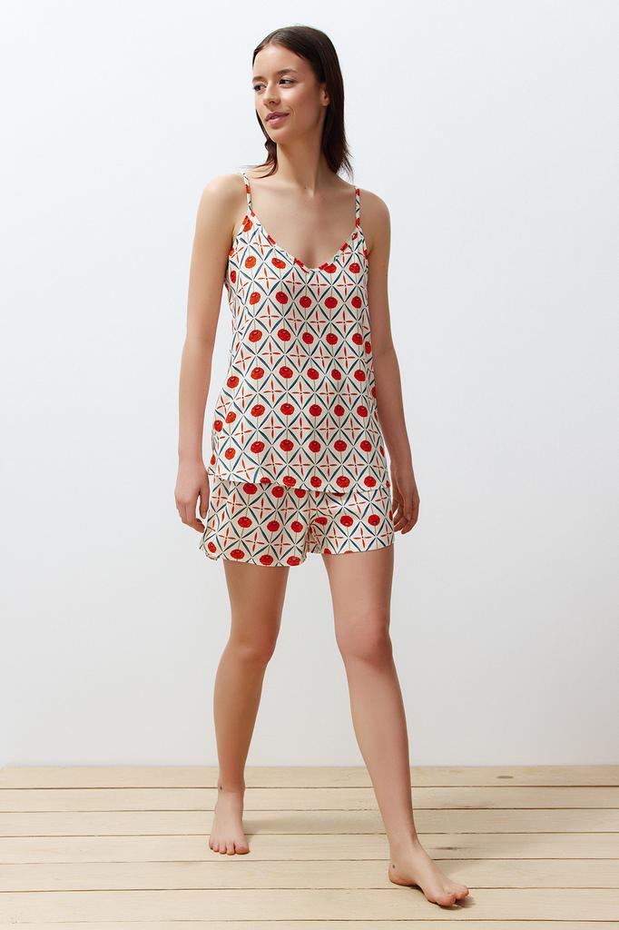 Women's Fashion New Pajama Set Multi-Colored Ethnic Patterned Rope Strap Viscose Woven Pajama Set