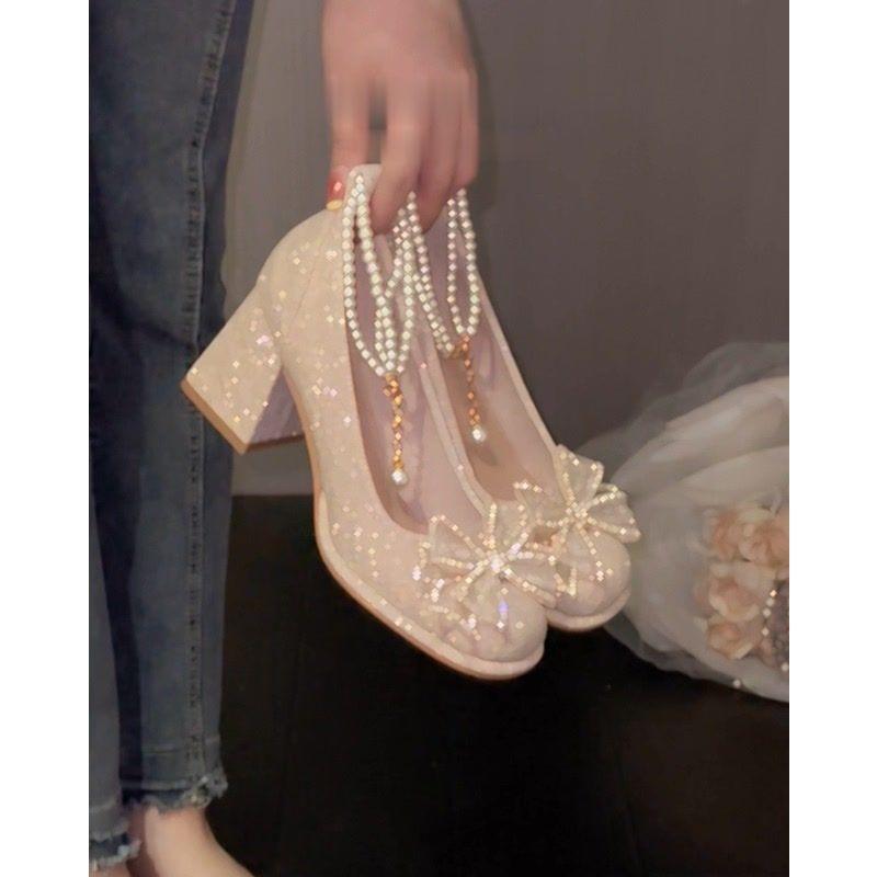 Французский бант Мэри туфли на высоком каблуке 2024 новый верхний слой подружка невесты новый конское лицо принцесса свадебная обувь обувь невесты