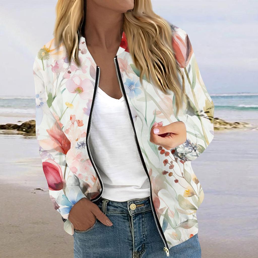 Women's Fashionable Casual Long Sleeve Print Round Neck Zipper Jacket
